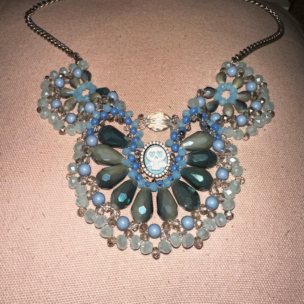 Betsey Johnson Lady Lock Skull Blue Beaded Vintage Necklace Large